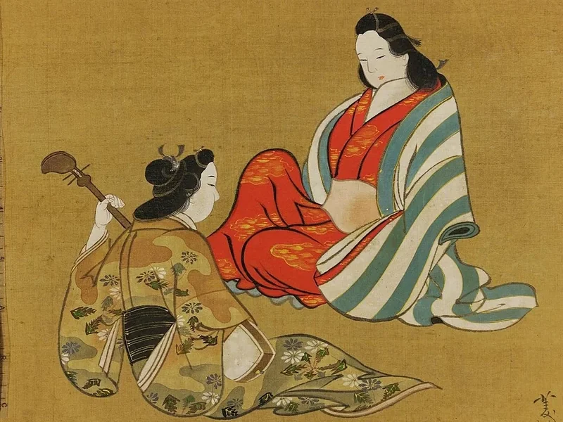 1618-Hishikawa Moronobu - Cortigiana seduta con donna che suona lo shamisen.